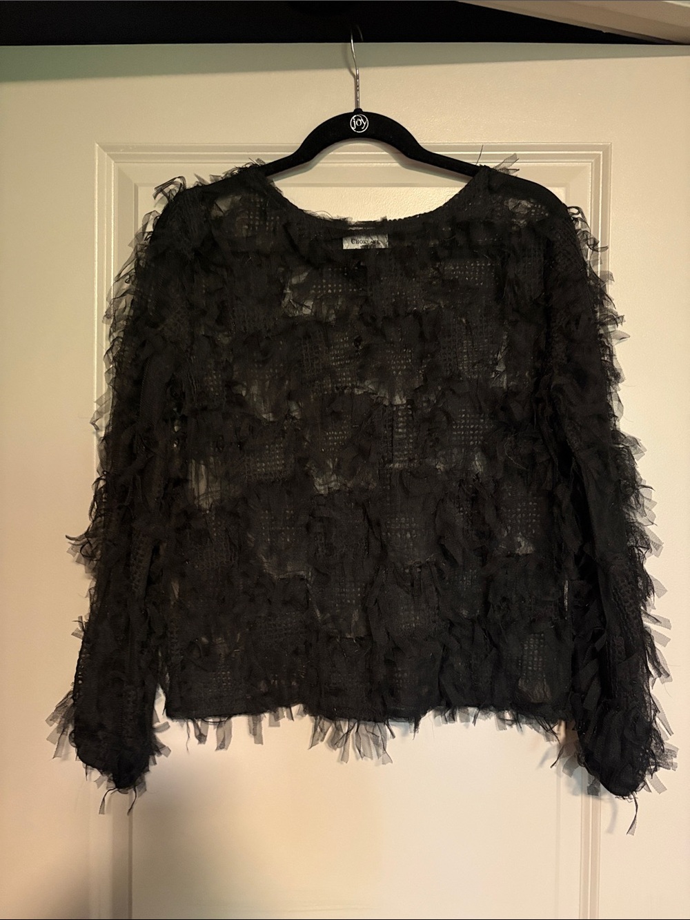 Black Sheer Ruffled Textured Long-Sleeve Blouse
